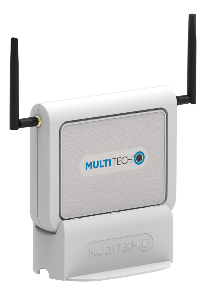 MultiTech MultiConnect CBRS Wi-Fi AP on its stand with two LTE antennas