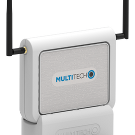 MultiTech MultiConnect CBRS Wi-Fi AP on its stand with two LTE antennas
