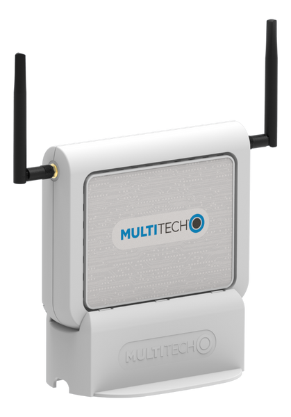MultiTech MultiConnect CBRS Wi-Fi AP on its stand with two LTE antennas